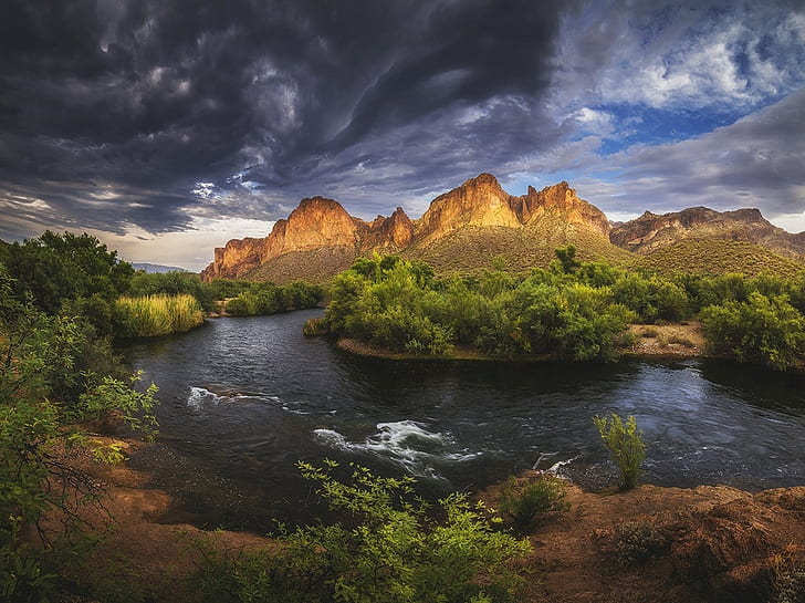 landscape, nature, river, mountains, clouds, trees, shrubs, Arizona, sky, storm, sunset, HD wallpaper