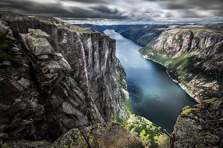 body of water between mountain cliff photo, kjerag, norway, kjerag, norway, Lysefjord, Kjerag, Norway, Landscape photography, body of water, mountain, cliff, a7, clouds, europe, fjord, full frame, geotagged, hiking, landscape, light, long exposure, motion, nature, outdoor, photo, photography, rocks, sea, sky, sony a7, fe, travel, ultra, waterfall, Rogaland, portfolio, scenics, rock - Object, outdoors, water, river, iceland, scandinavia, HD wallpaper