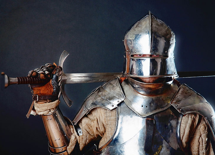 men's silver full plate armor, knight, armor, sword, HD wallpaper