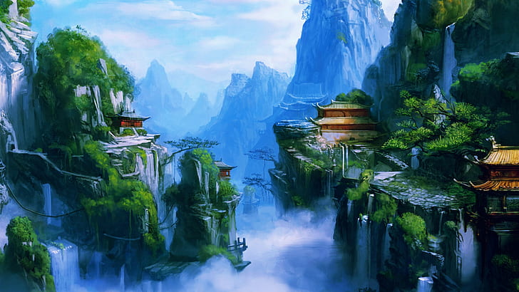 art, asian, buildings, castles, fantasy, fog, landscapes, mountains, oriental, rivers, spray, waterfalls, HD wallpaper