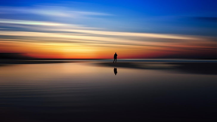 horizon, sky, calm, afterglow, sunset, human, water, reflection, sea, man, shore, evening, dusk, HD wallpaper