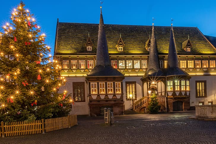 bangunan, Jerman, Natal, Tahun baru, pohon, Lower Saxony, balai kota tua, Einbeck, е, Wallpaper HD