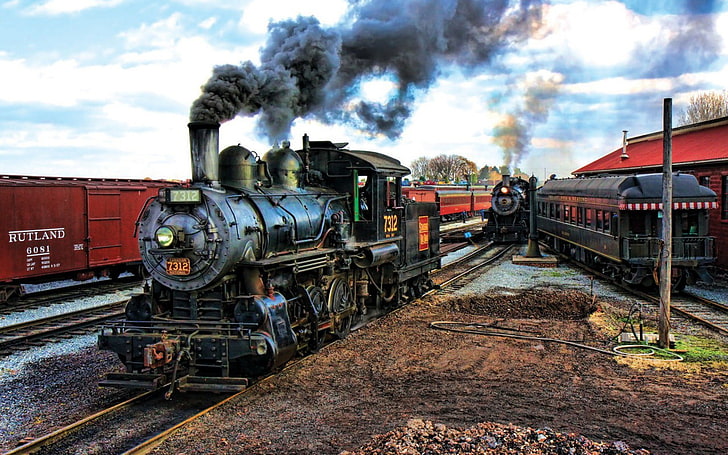 tren cruzando ferrocarril, tren, vintage, locomotora a vapor, vehículo, Fondo de pantalla HD