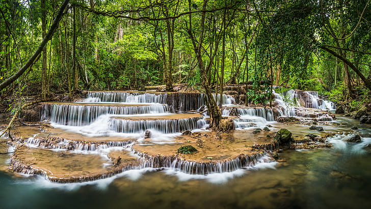 forest, jungle, kanjanaburi, river, thailand, waterfall, HD wallpaper