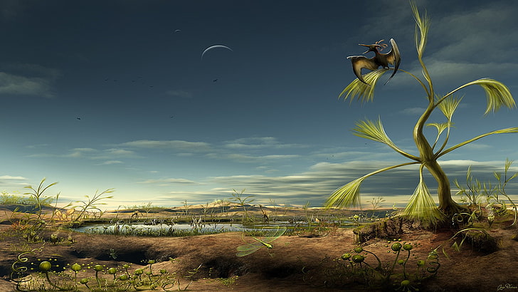 pterodactyl perching on tree digital wallpaper, Artistic, Landscape, Dinosaur, Prehistoric, Pterodactyl, HD wallpaper