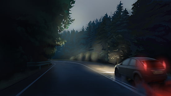 أنيمي ، الصيف الأبدي ، السيارة ، الظلام ، الغابة ، الطبيعة ، الليل ، الطريق، خلفية HD HD wallpaper