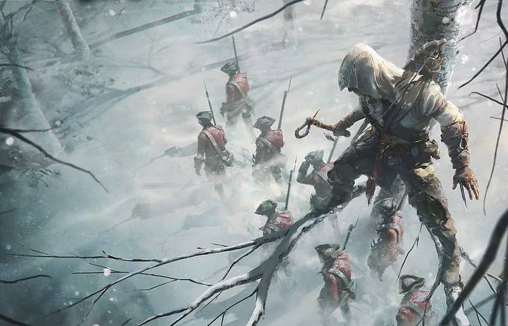 Assassins Creed III, ป่าไม้, งานศิลปะของผู้แต่ง, หิมะ, เกมแอคชั่นล่องหน, ศิลปะ, ต้นไม้, วอลล์เปเปอร์ HD