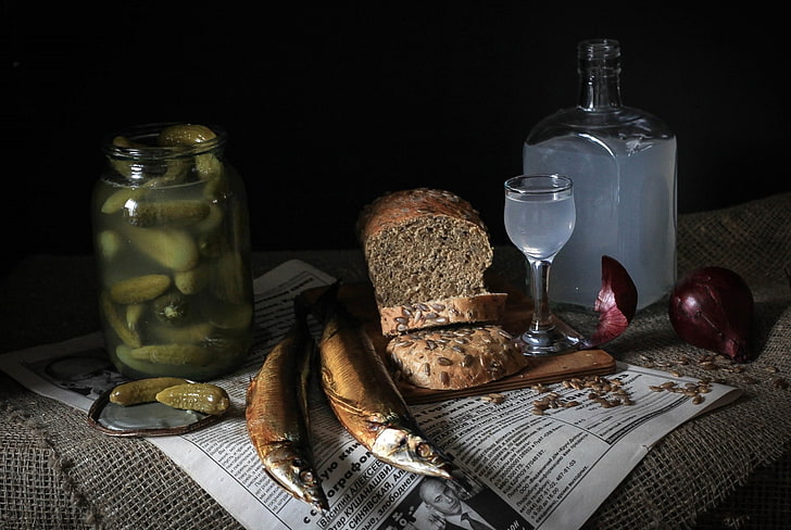clear wine glass and baked bread, FISH, BREAD, CUCUMBERS, BOW, VODKA, DECANTER, BANK, NEWSPAPER, GLASS, MOONSHINE, HD wallpaper