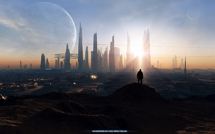 science fiction, ludzie, planeta, sztuka cyfrowa, futurystyczne miasto, Tapety HD