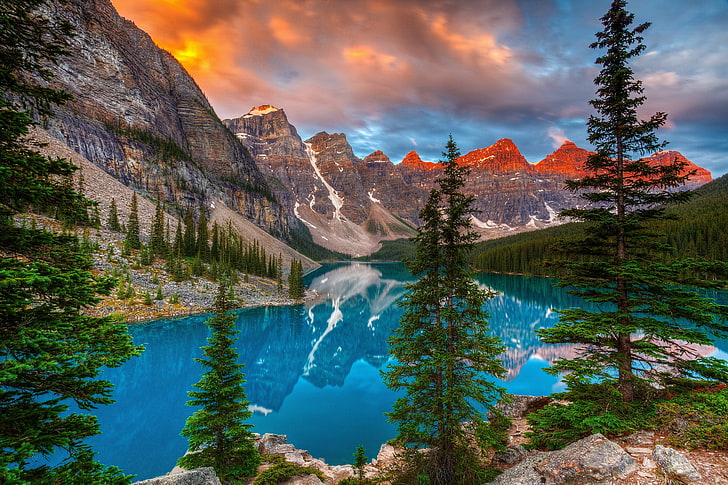 dağ ve göl manzarası, ağaçlar, dağlar, göl, yansıma, Kanada, Albert, Banff Ulusal Parkı, Alberta, Moraine Gölü, On Tepenin Vadisi, Banff, On tepenin Vadisi., HD masaüstü duvar kağıdı