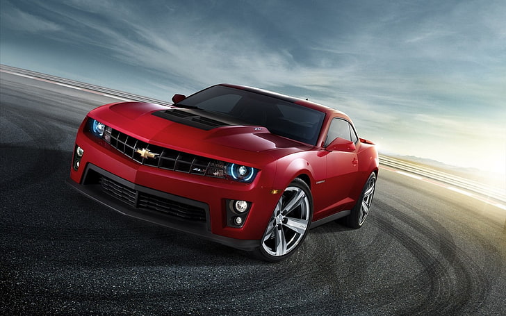 5th gen. red Chevrolet Camaro coupe, chevrolet, camaro, red, front view, drift, HD wallpaper