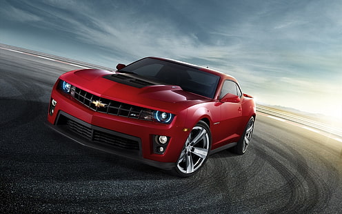 5th gen. red Chevrolet Camaro coupe, chevrolet, camaro, red, front view, drift, HD wallpaper HD wallpaper