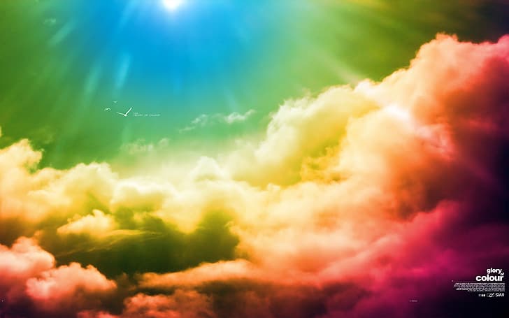 облака, разноцветные, небо, световые эффекты, цифровое искусство, взрыв цвета, HD обои