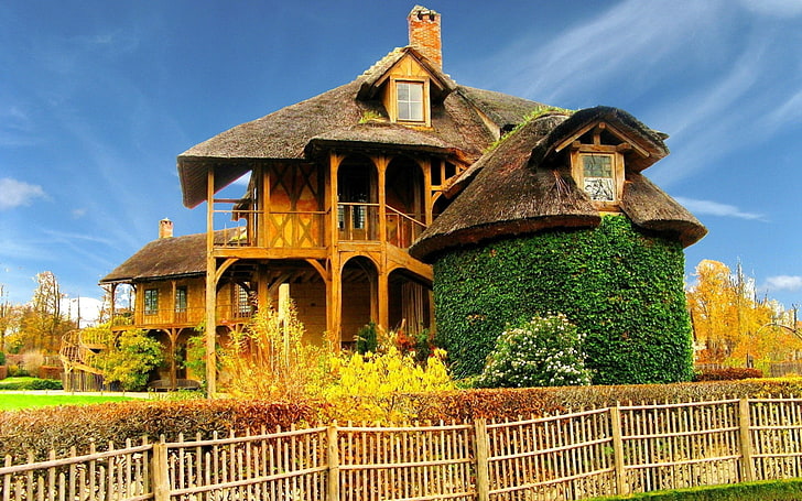 коричневый деревянный дом, пейзаж, HD обои