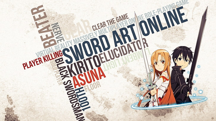 Sword Art Online илюстрация на Кирито и Асуна, Sword Art Online, аниме, червенокоса, оранжеви очи, тъмна коса, черни очи, дълга коса, Киригая Казуто, Юки Асуна, HD тапет