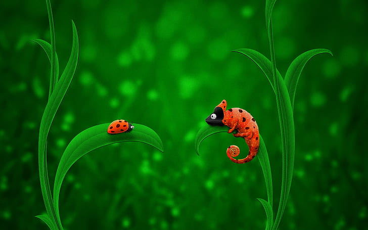 Ladybug Chameleon, red and black lady bug, chameleon, ladybug, creative and graphics, HD wallpaper