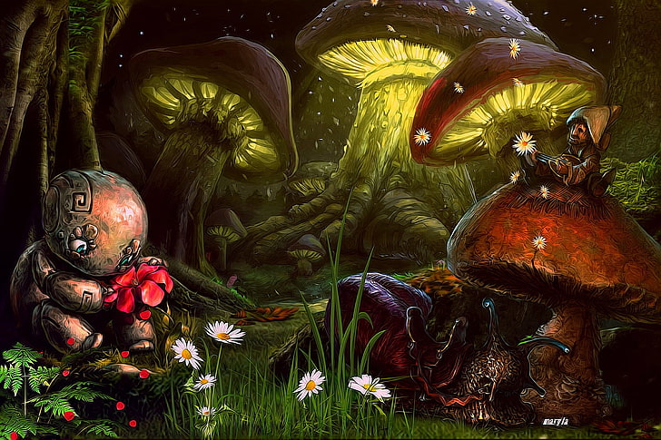 Fantasy, Forest, Flower, Miniature, Mushroom, HD wallpaper