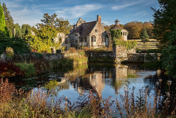 paisaje, naturaleza, estanque, castillo, Inglaterra, Kent, mansión, jardines, Scotney Castle, Fondo de pantalla HD