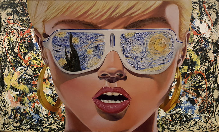 donna che indossa Starry Night di Vincent Van Gogh occhiali da sole, Vincent van Gogh, bionda, occhiali da sole, anni '80, arte digitale, La notte stellata, Sfondo HD