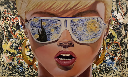 жена, носеща Starry Night от слънчеви очила на Vincent Van Gogh, Vincent van Gogh, блондинка, слънчеви очила, 1980-те, дигитално изкуство, The Starry Night, HD тапет HD wallpaper