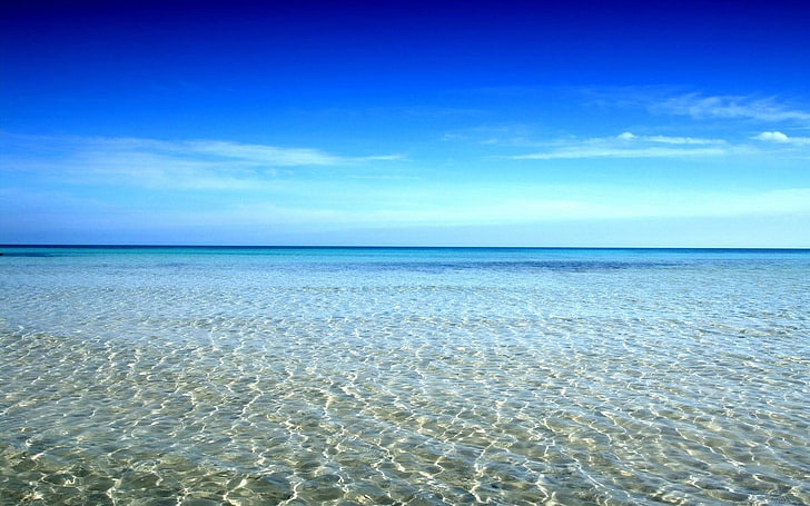 océan et ciel bleu, plage, ciel, mer, eau, été, paysage, bleu, photographie, Fond d'écran HD