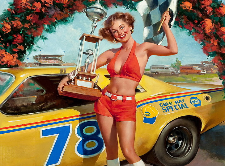 women's red shorts, machine, girl, joy, smile, flag, art, beautiful, pin-up, painting, racer, style, Cup, the prize, Gil Elvgren, HD wallpaper
