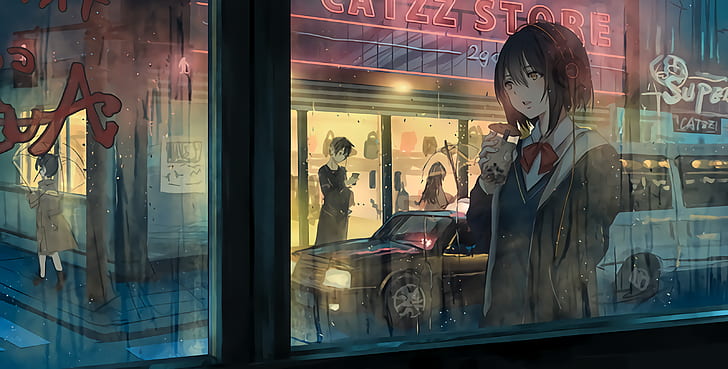 anime, anime girls, catzz, rain, car, window, stores, headphones, HD wallpaper