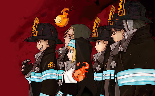 Anime, Fire Brigade of Flames, Akitaru Oubi, Iris (Fire Brigade Of Flames), Maki Oze, Shinra Kusakabe, Takehisa Hinawa, HD tapet HD wallpaper