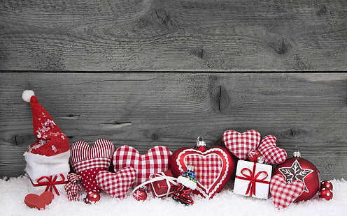 Natal, presentes, lote de bugiganga de Natal branco e preto, Natal, presentes, neve, decoração, madeira, corações, Ano Novo, HD papel de parede HD wallpaper