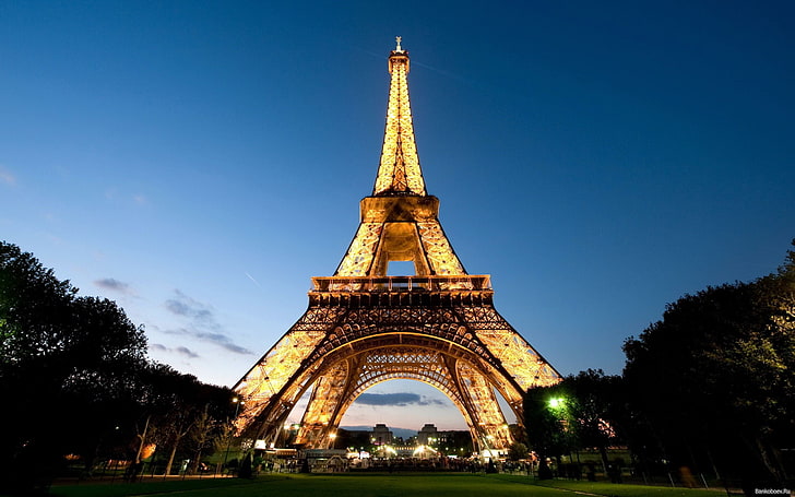 Эйфелева башня, парижская достопримечательность, париж, эйфелева башня, франция, город, закат, небо, рыбий глаз, HD обои