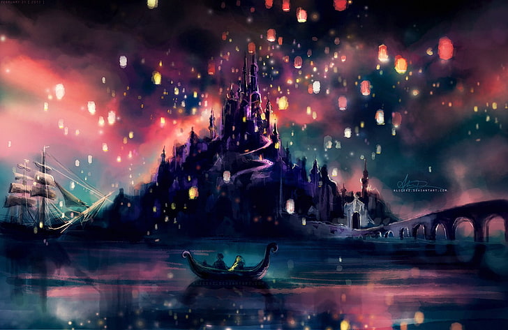persona in sella a una barca davanti al castello sfondo digitale, aggrovigliato, alicexz, castello, lanterne del cielo, barca, Walt Disney, Sfondo HD
