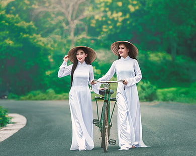 Asian Girls, women's white long-sleeved dress, Asia, Others, Girls, Travel, Smile, Nature, People, Green, Happy, Road, Walk, Bicycle, Tropical, Photography, Park, Women, Middle, Ladies, Vacation, Traditional, Dress, Lipstick, Clothing, visit, hats, redlips, tourism, WhiteDress, conical hat, asian conical hat, vietnamese, vietnamese dress, HD wallpaper HD wallpaper