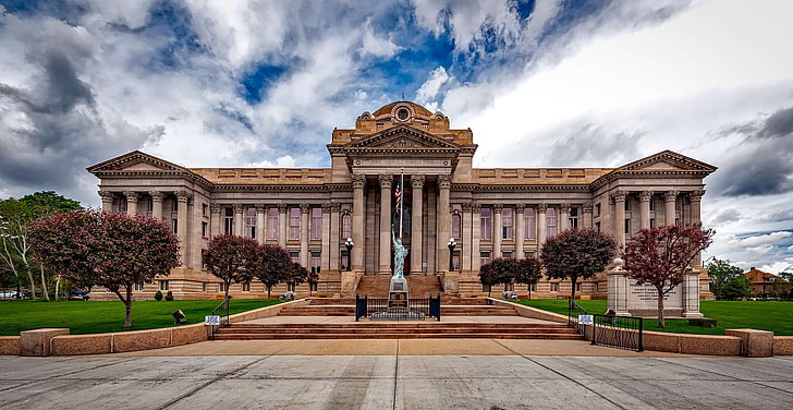 administration, ancient, architecture, art, building, city, clouds, colorado, column, courthouse, daylight, facade, famous, flag, fountain, hdr, judicial, justice, landmark, law, monument, museum, neoclassical, outdoor, HD wallpaper
