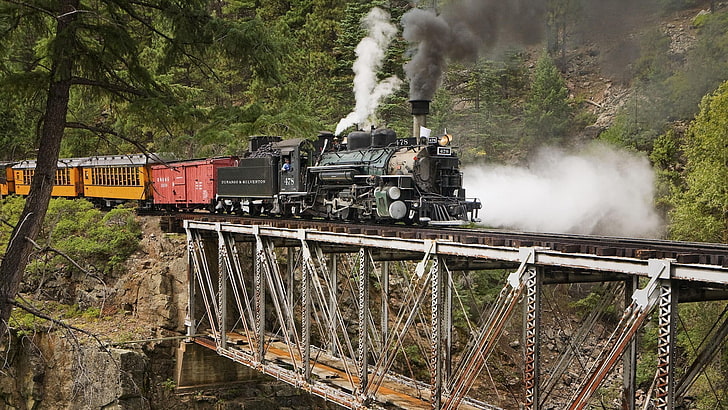 черно-красный поезд, природа, пейзаж, скалы, мост, деревья, лес, США, паровоз, поезд, железная дорога, мужчины, HD обои
