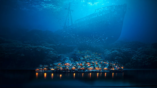 Abysse, Art fantastique, poisson, nuit, Photo Manipulation, mer, bateau, Naufrage, Surréaliste, ville, sous l'eau, Fond d'écran HD HD wallpaper