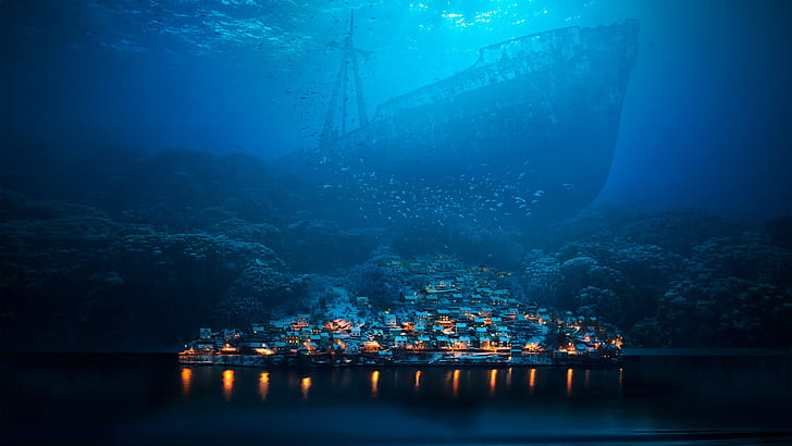 fish, ship, shipwreck, abyss, underwater, night, photo manipulation, sea, fantasy art, surreal, town, HD wallpaper