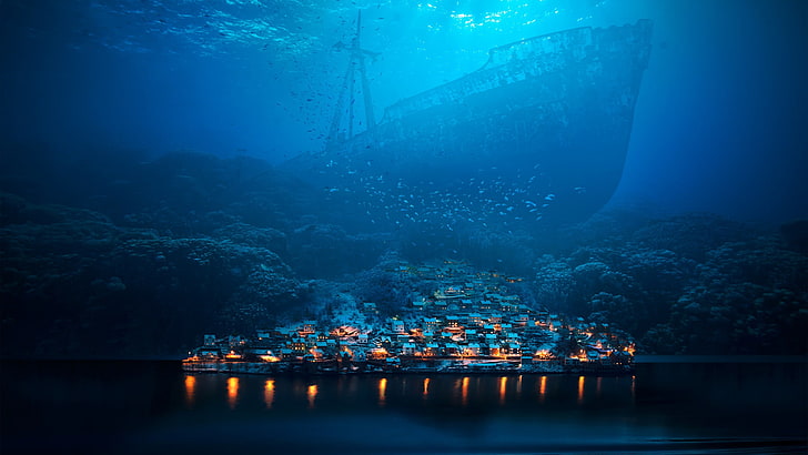 Обои корабля, без названия, под водой, корабль, кораблекрушение, бездна, рыба, море, город, ночь, фэнтези-арт, манипуляции с фотографиями, сюрреалистический, синий, голубой, HD обои