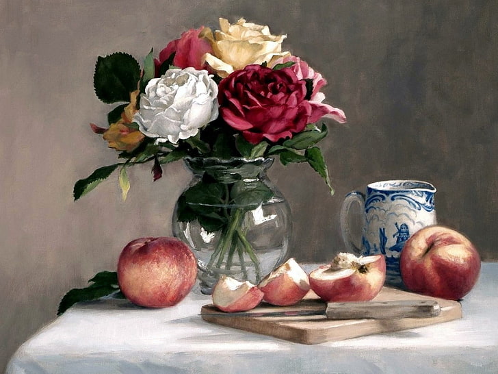 red, beige, and white roses beside slices of apples painting, apples, picture, still life, vase with flowers, HD wallpaper