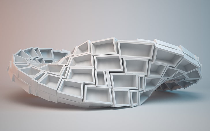 illustration d'organisateur en spirale blanche, art numérique, rendu, 3D, fond simple, bande de Mobius, ombre, cube, rectangle, résumé, blanc, dégradé, Fond d'écran HD