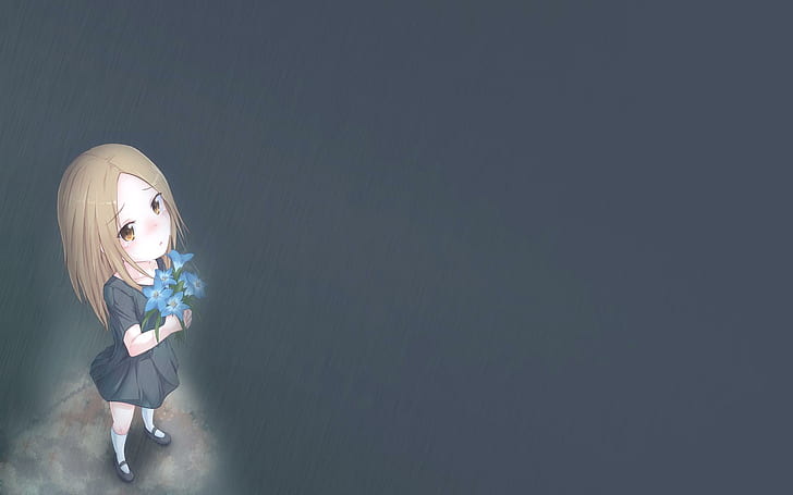 Kaga Rin, кафяв женски аниме герой, дъжд, руса коса, синя рокля, рокля, kaga-rin, момиче, цветя, оранжеви очи, usagi-drop, аниме, малко момиченце, HD тапет