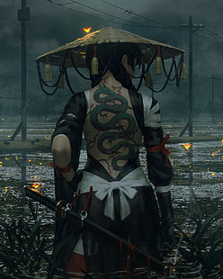 фэнтези-арт, самурай, воин, меч, HD обои HD wallpaper