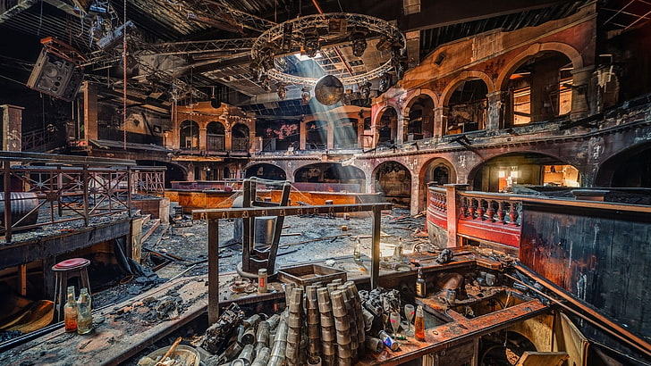 theater house ruins digital wallpaper, architecture, abandoned, interior, room, concert hall, sun rays, bar, podiums, stages, wood, dirt, chair, bottles, arch, disco, disco balls, lights, spiderwebs, HD wallpaper