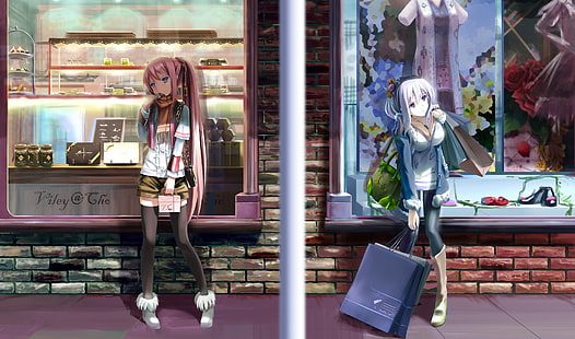 illustration de deux femmes, anime, anime girls, personnages originaux, cheveux roses, queue de cheval, cheveux longs, yeux bleus, hauts de cuisse, cheveux violets, yeux violets, Fond d'écran HD HD wallpaper
