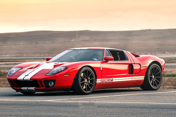 red Ford GT coupe, Ford, Red, Black, White, Wheels, Stripes, HD wallpaper