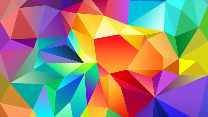 poligon, 4k, wallpaper HD, wallpaper android, segitiga, latar belakang, oranye, merah, biru, pola, Wallpaper HD