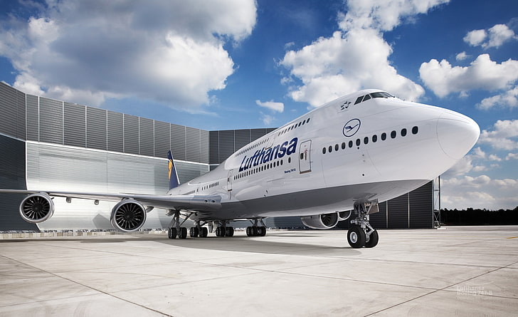 Aeroporto Lufthansa, avião Lufthansa branco e cinza, motores, avião, HD papel de parede