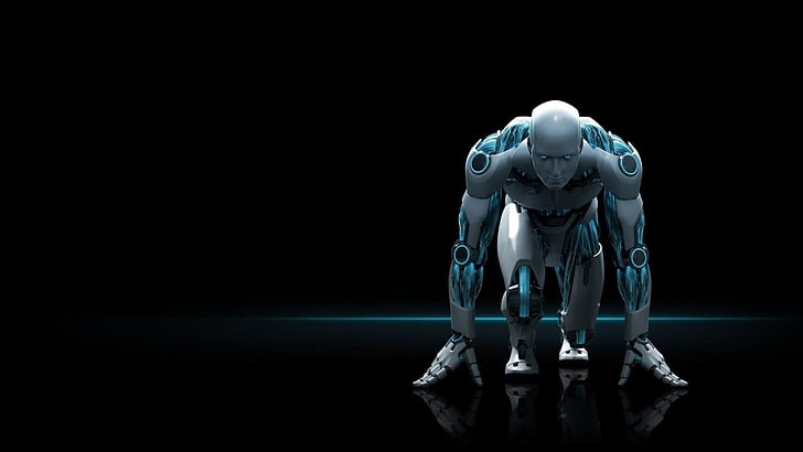 белый андроид на коленях на земле, цифровое искусство, светящиеся, мужчины, робот, технологии, спорт, спортсмены, черный фон, отражение, футуристический, машина, HD обои