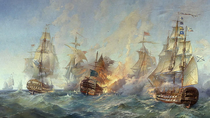 flaggskepp, segelfartyg, strid, hav, krig, segelbåtar, målningskonst, historisk, historia, fartyg, målning, fregatt, marinfartyg, HD tapet