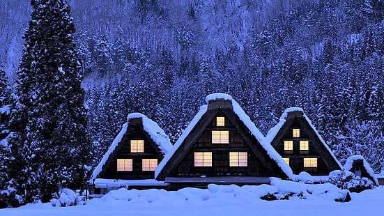 冬、雪、家、日本、白川郷、 HDデスクトップの壁紙 HD wallpaper