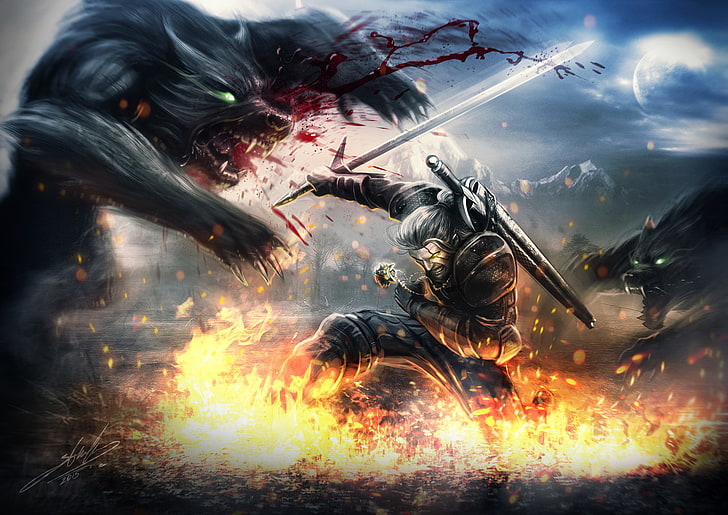 ataque, lobos, o Witcher, Herald, Witcher 3: caça selvagem, HD papel de parede